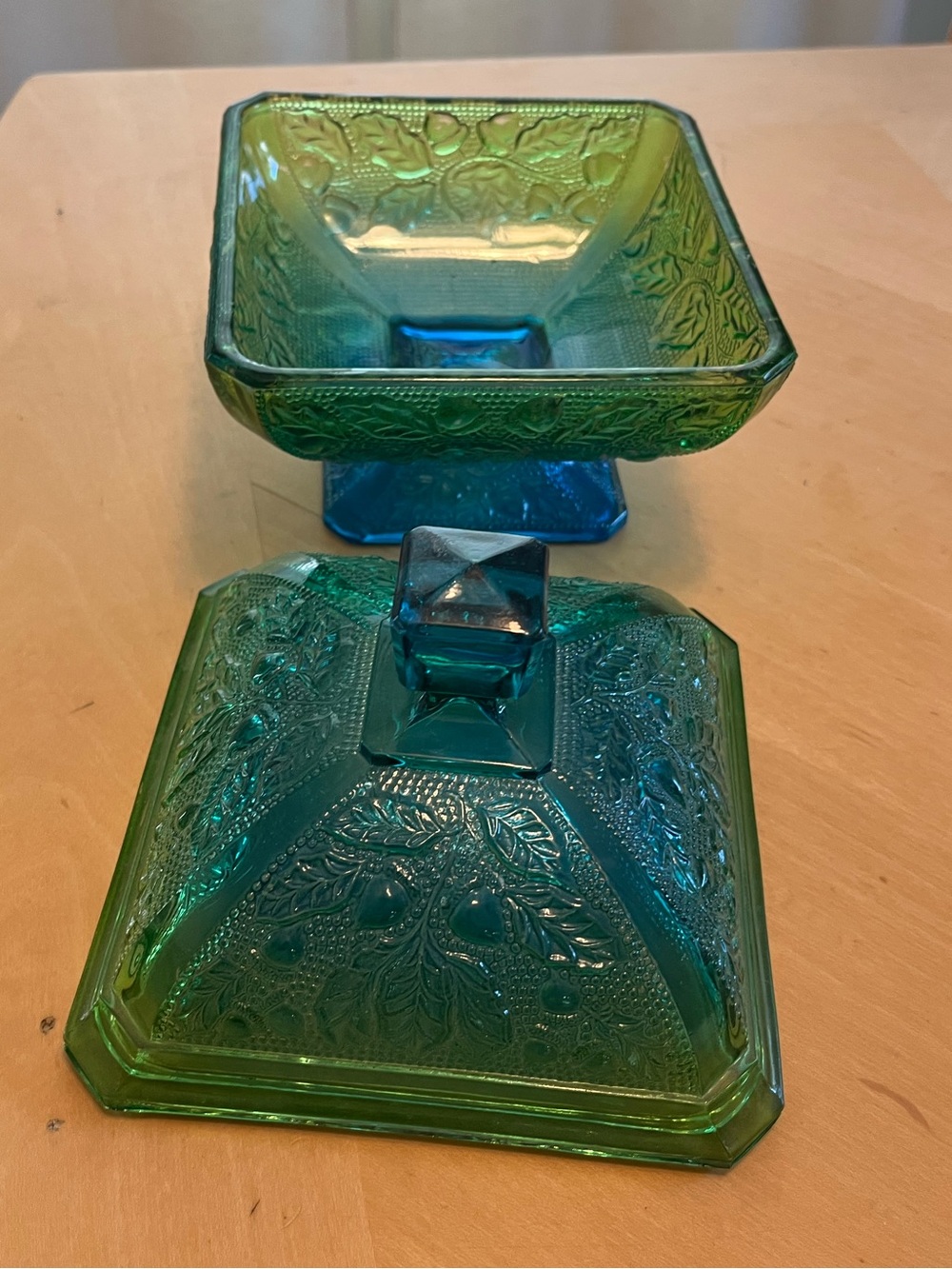 Vintage Jeanette Glass Embossed Glass Covered Pedestal Dish in Blue Green Ombre - Picture 8 of 15